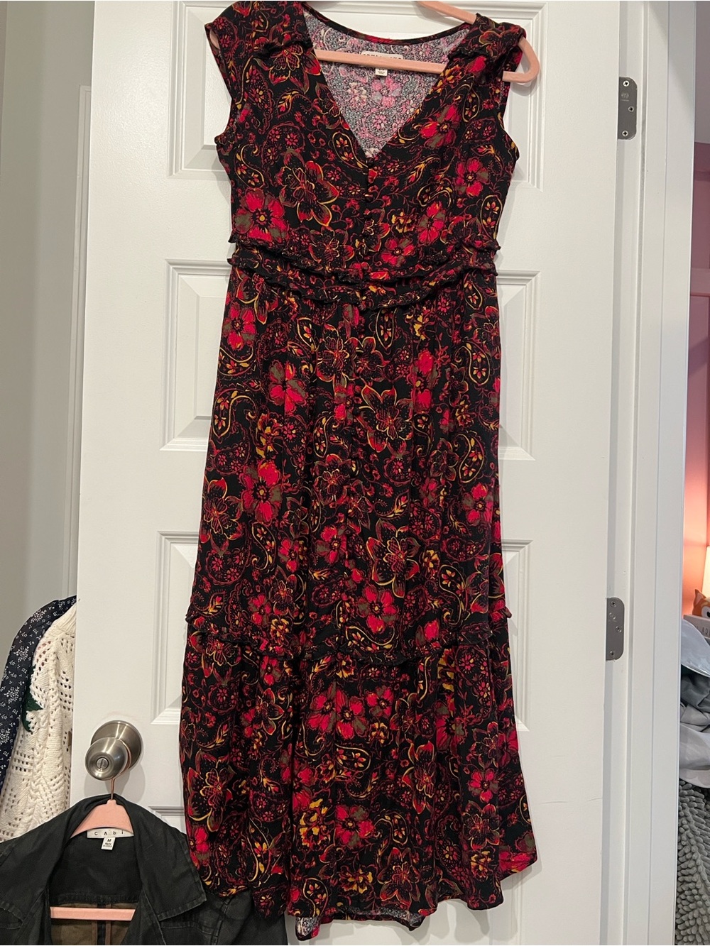 Idyllwind by Miranda Lambert Black Maxi Dress with Red and Gold Floral Pattern